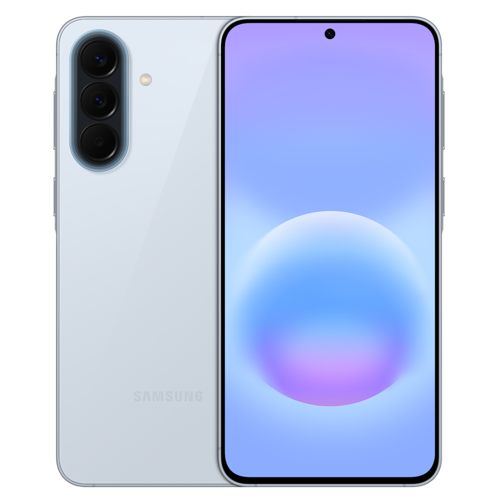 Samsung Galaxy A57 5G në ngjyrën blu e çelët, pamje nga pas dhe nga para