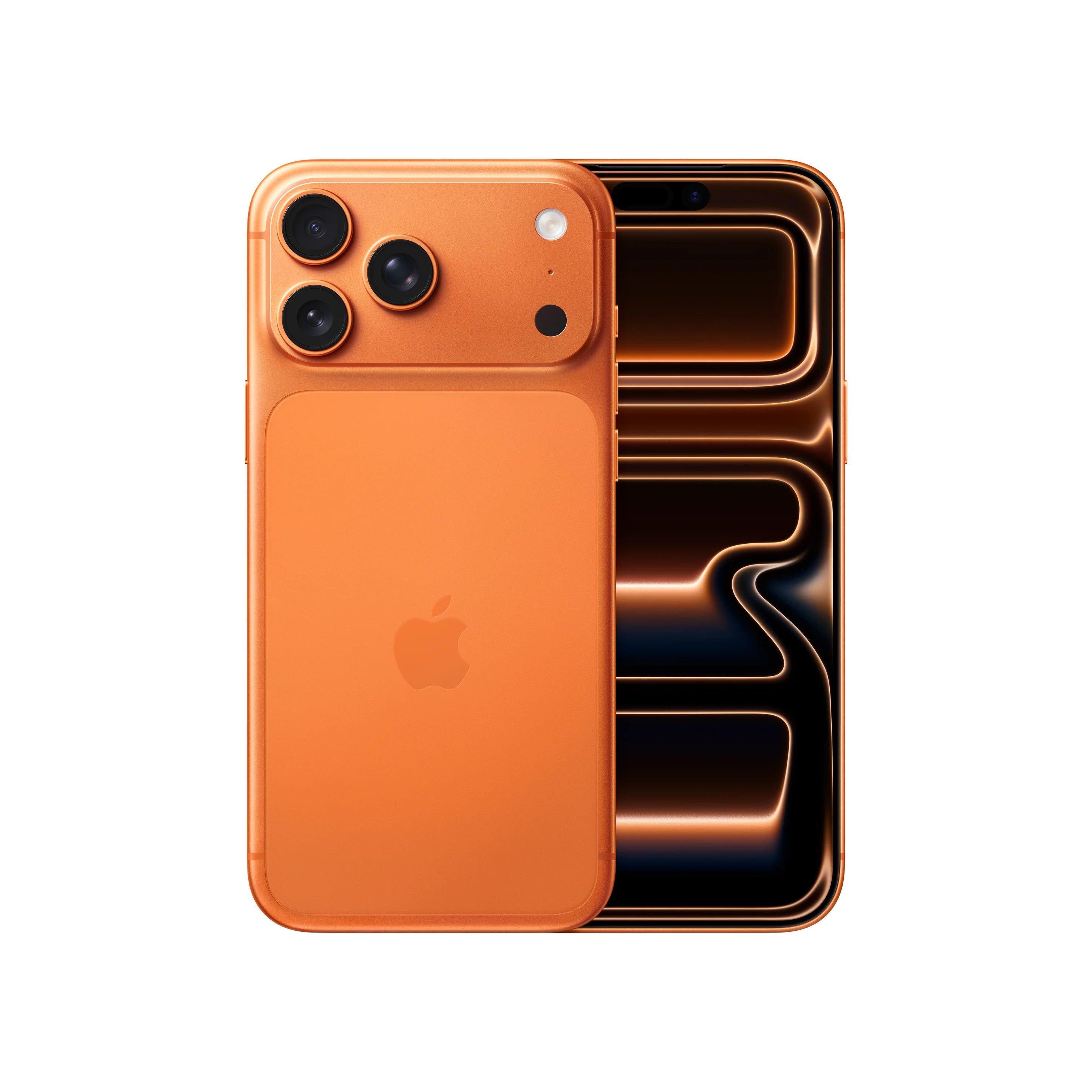 iPhone 17 Pro Max në ngjyrën portokalli kozmik, pamje nga pas dhe nga para